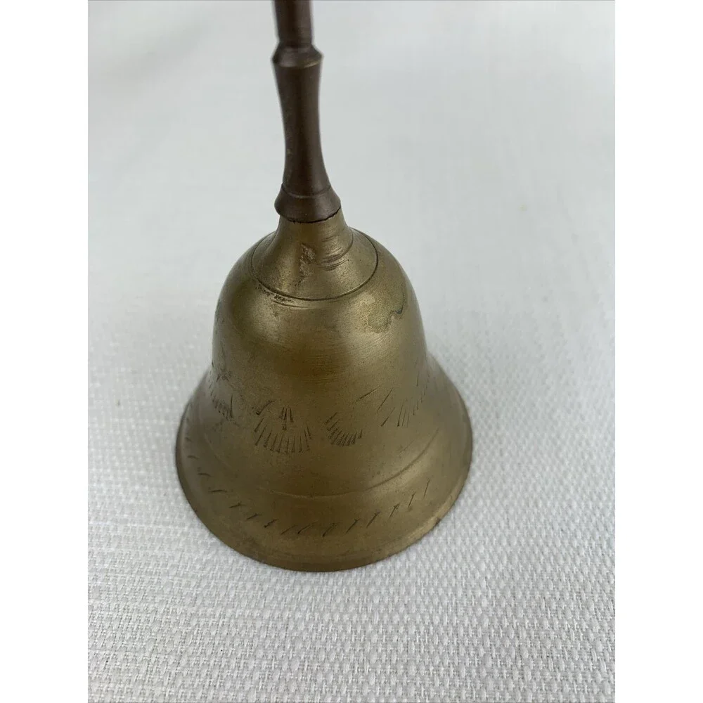 Vintage 6” Etched Brass Bell Made‎ In India Hand Bell Ringer Dinner Table